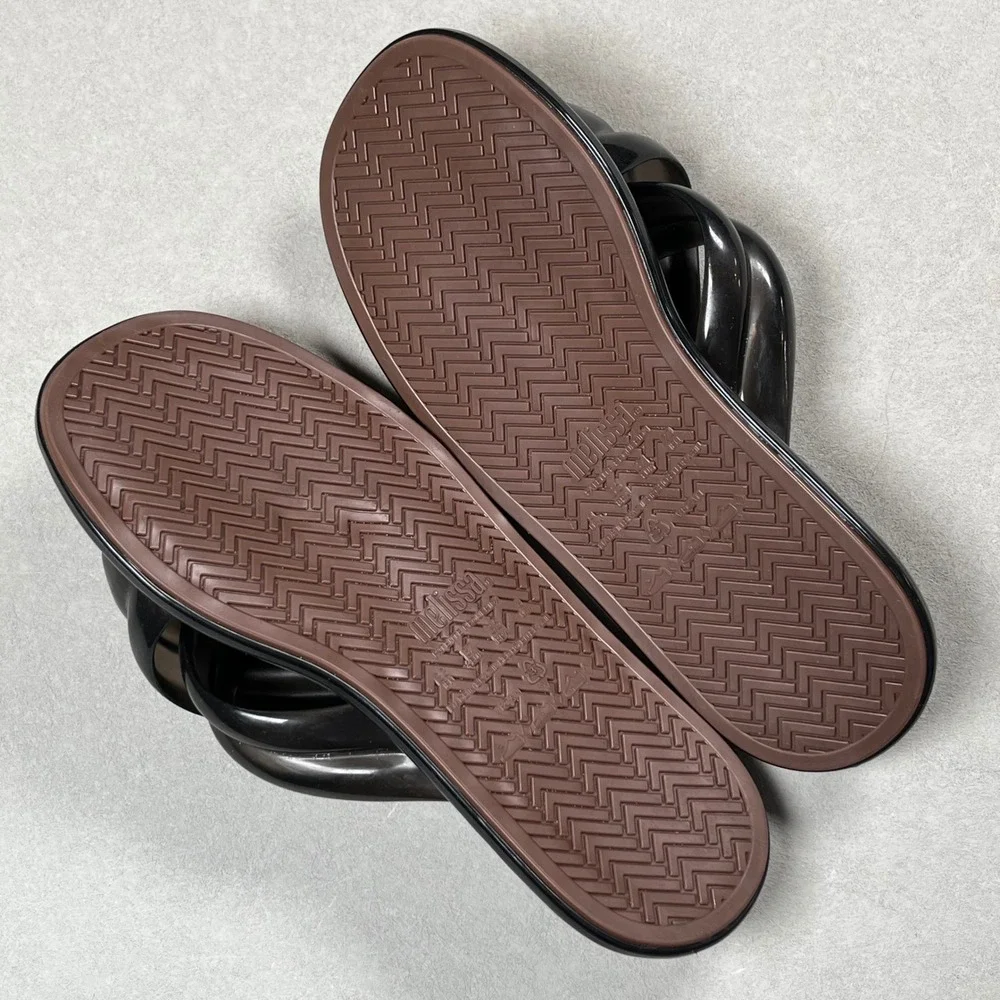 Melissa‎ Larroude Cali Slide Sandals Womens 6 Black Puffy Crisscross Jelly Vegan